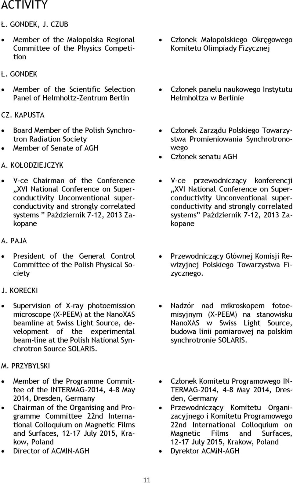 KAPUSTA Board Member of the Polish Synchrotron Radiation Society Member of Senate of AGH A.