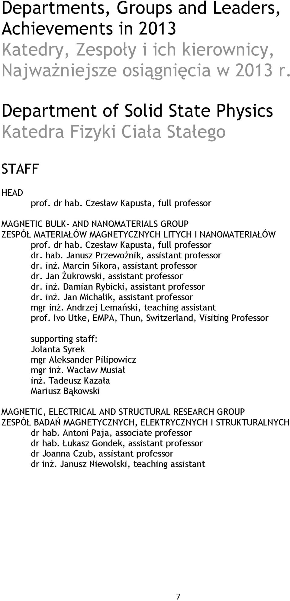 Czesław Kapusta, full professor MAGNETIC BULK- AND NANOMATERIALS GROUP ZESPÓŁ MATERIAŁÓW MAGNETYCZNYCH LITYCH I NANOMATERIAŁÓW prof. dr hab. Czesław Kapusta, full professor dr. hab. Janusz Przewoźnik, assistant professor dr.