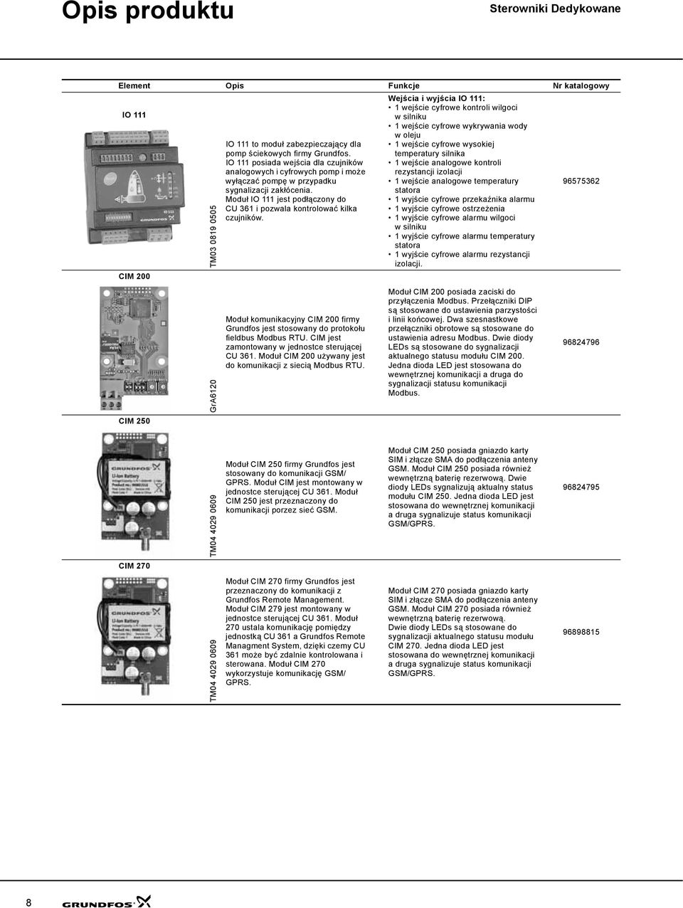 Moduł IO 111 jest podłączony do CU 361 i pozwala kontrolować kilka czujników. Moduł komunikacyjny CIM 200 firmy Grundfos jest stosowany do protokołu fieldbus Modbus RTU.