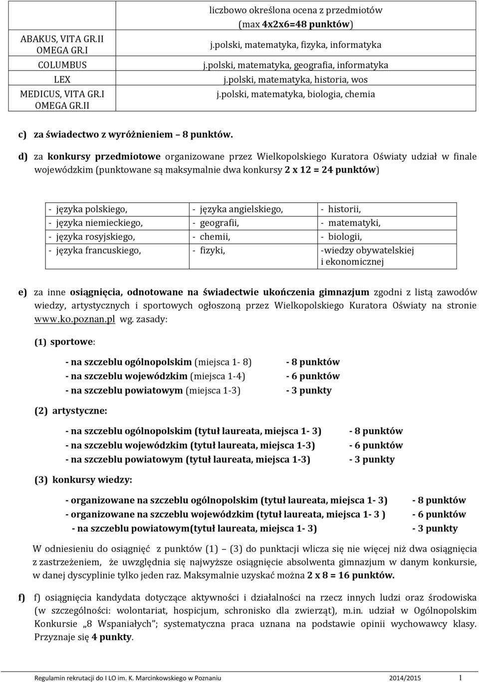 d) za konkursy przedmiotowe organizowane przez Wielkopolskiego Kuratora Oświaty udział w finale wojewódzkim (punktowane są maksymalnie dwa konkursy 2 x 12 = 24 punktów) - języka polskiego, - języka