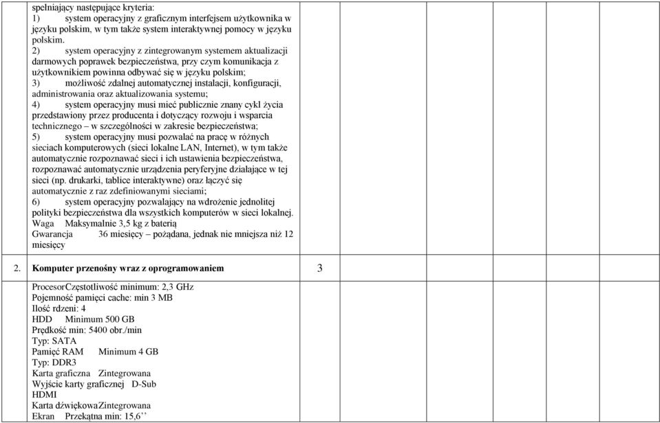 automatycznej instalacji, konfiguracji, administrowania oraz aktualizowania systemu; 4) system operacyjny musi mieć publicznie znany cykl życia przedstawiony przez producenta i dotyczący rozwoju i