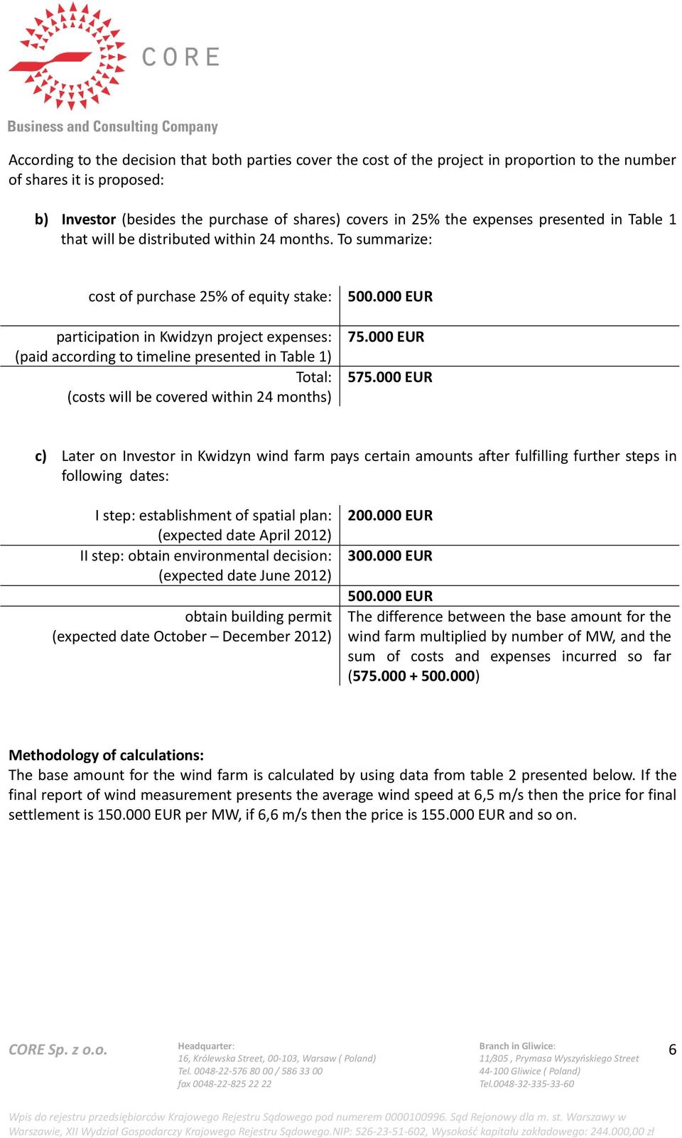 To summarize: cost of purchase 25% of equity stake: participation in Kwidzyn project expenses: (paid according to timeline presented in Table 1) Total: (costs will be covered within 24 months) 500.