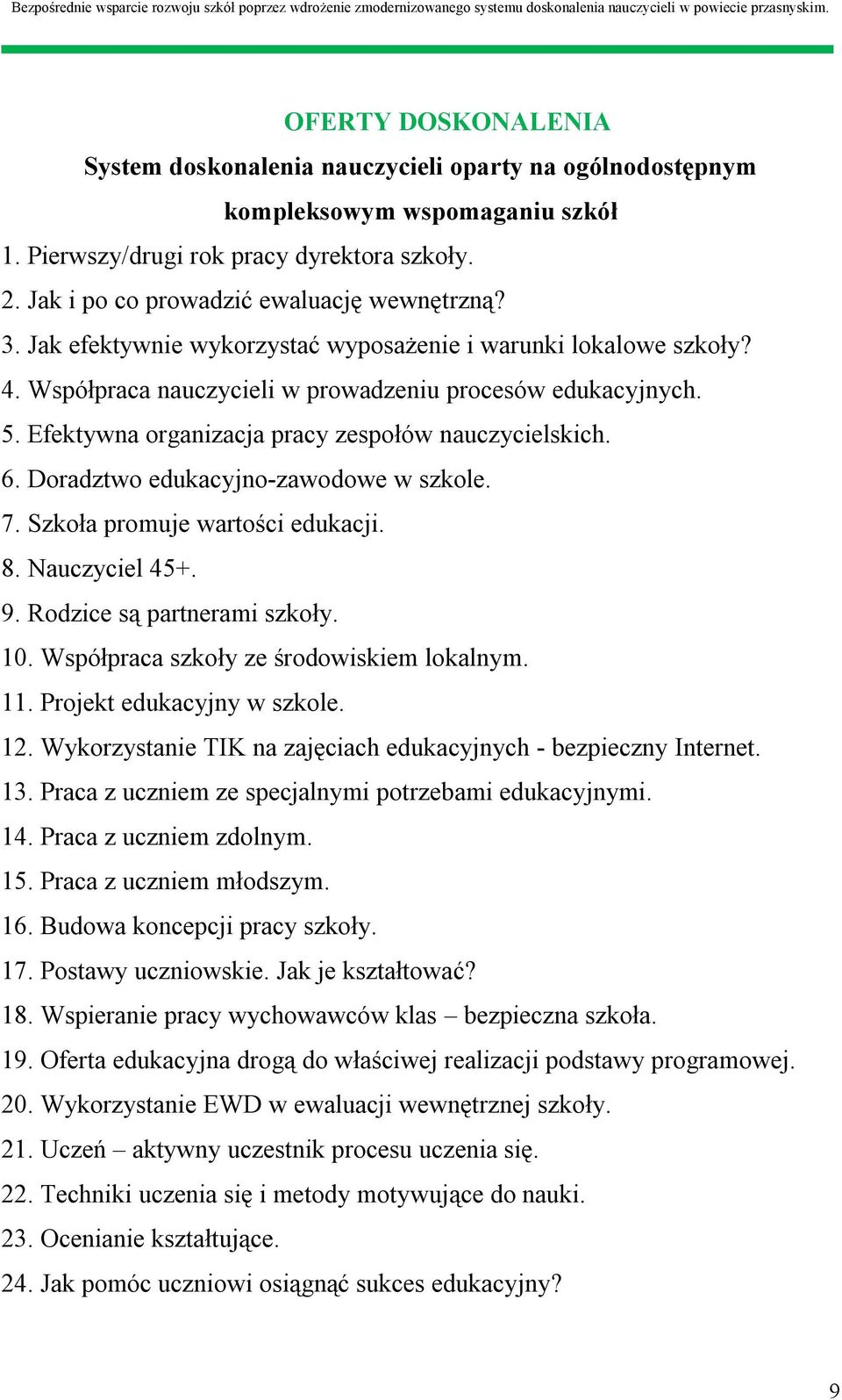 Efektywna organizacja pracy zespołów nauczycielskich. 6. Doradztwo edukacyjno-zawodowe w szkole. 7. Szkoła promuje wartości edukacji. 8. Nauczyciel 45+. 9. Rodzice są partnerami szkoły. 10.