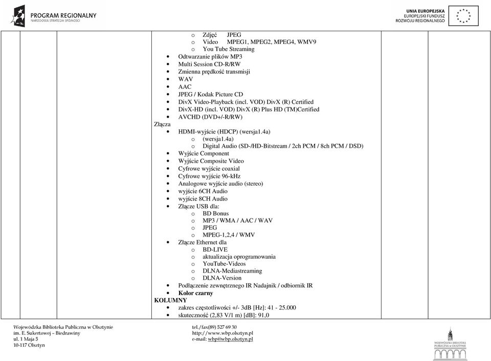 4a) o Digital Audio (SD-/HD-Bitstream / 2ch PCM / 8ch PCM / DSD) Wyjście Component Wyjście Composite Video Cyfrowe wyjście coaxial Cyfrowe wyjście 96-kHz Analogowe wyjście audio (stereo) wyjście 6CH