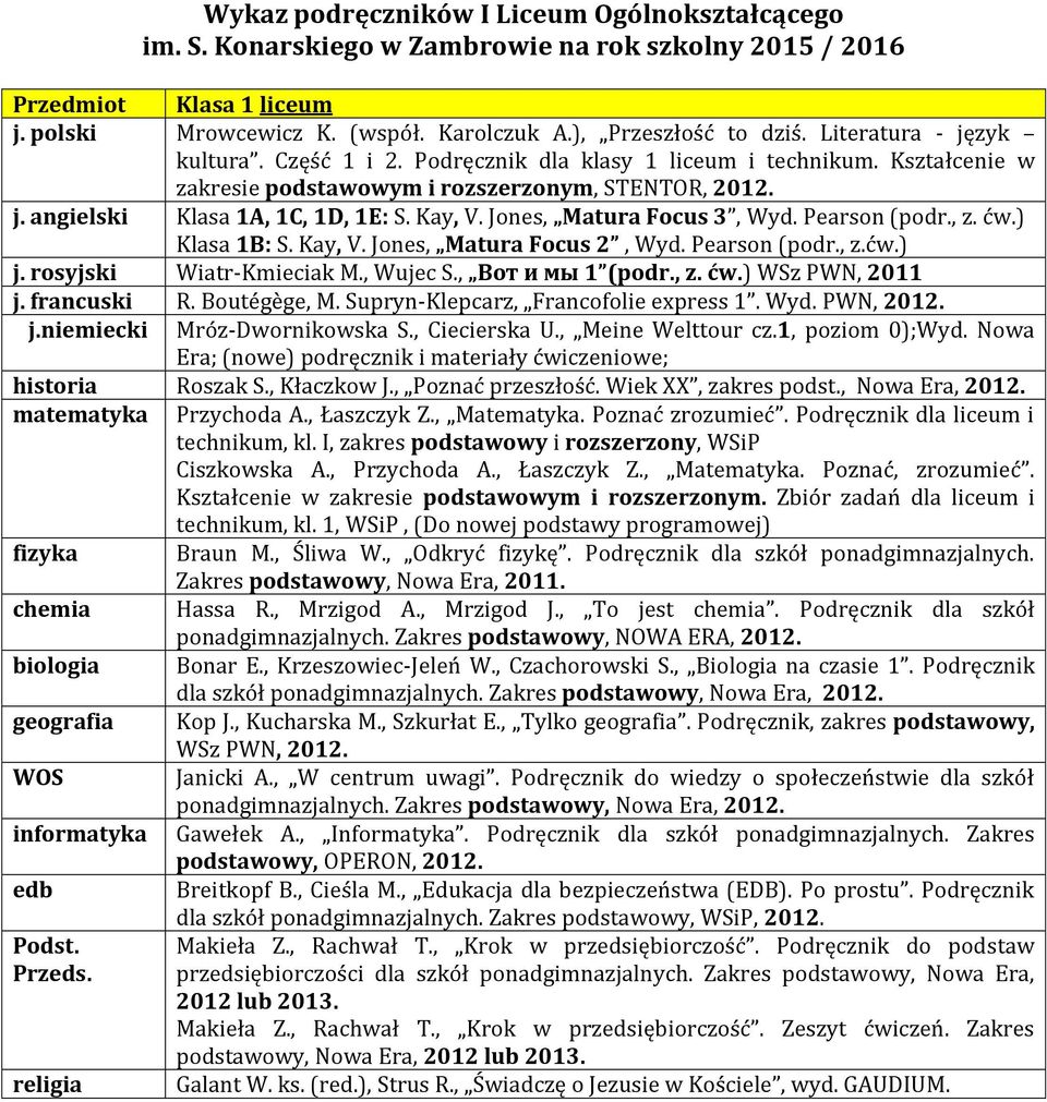 Jones, Matura Focus 3, Wyd. Pearson (podr., z. ćw.) Klasa 1B: S. Kay, V. Jones, Matura Focus 2, Wyd. Pearson (podr., z.ćw.) j. rosyjski Wiatr-Kmieciak M., Wujec S., Вот и мы 1 (podr., z. ćw.) WSz PWN, 2011 j.