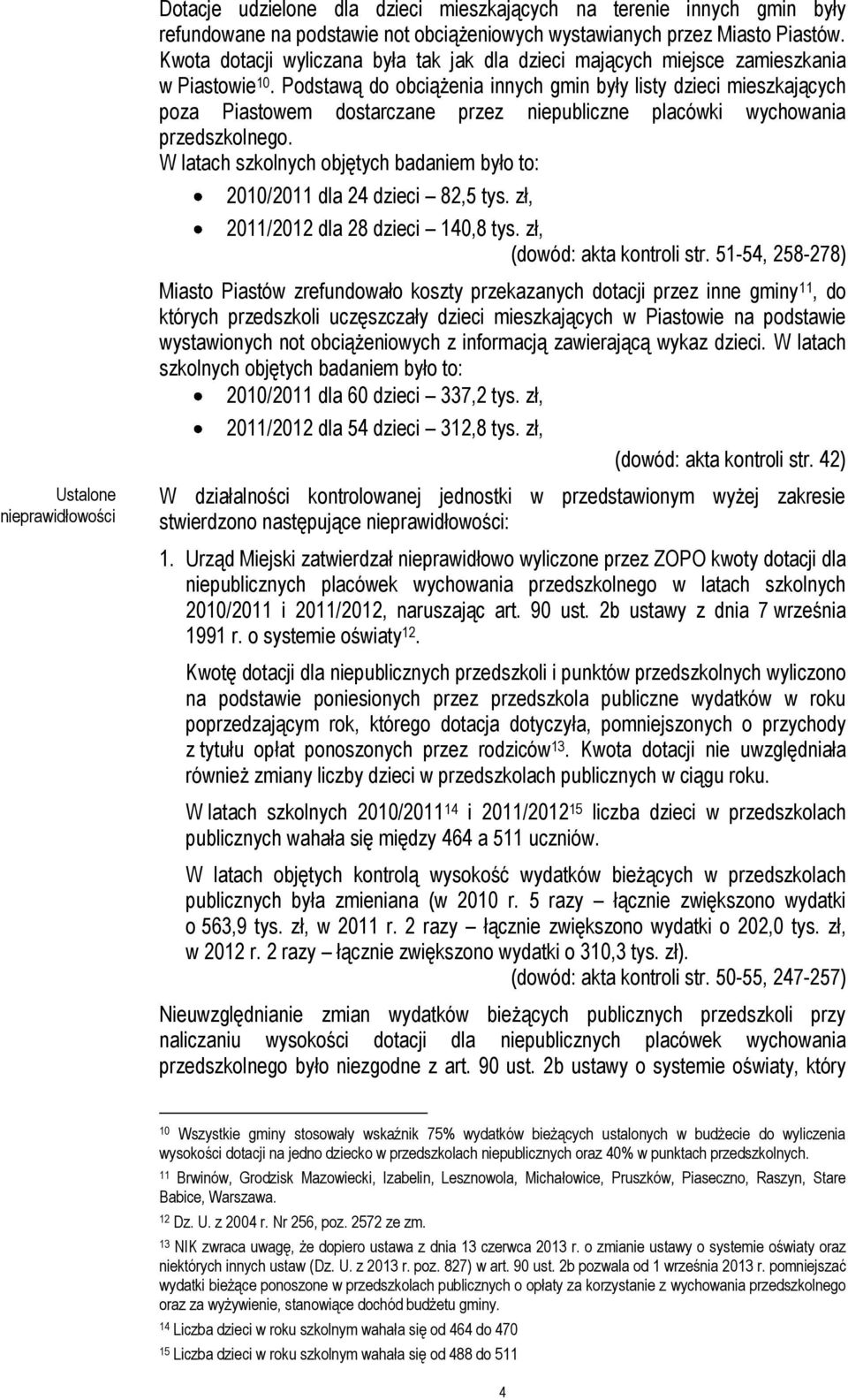 Podstawą do obciążenia innych gmin były listy dzieci mieszkających poza Piastowem dostarczane przez niepubliczne placówki wychowania przedszkolnego.