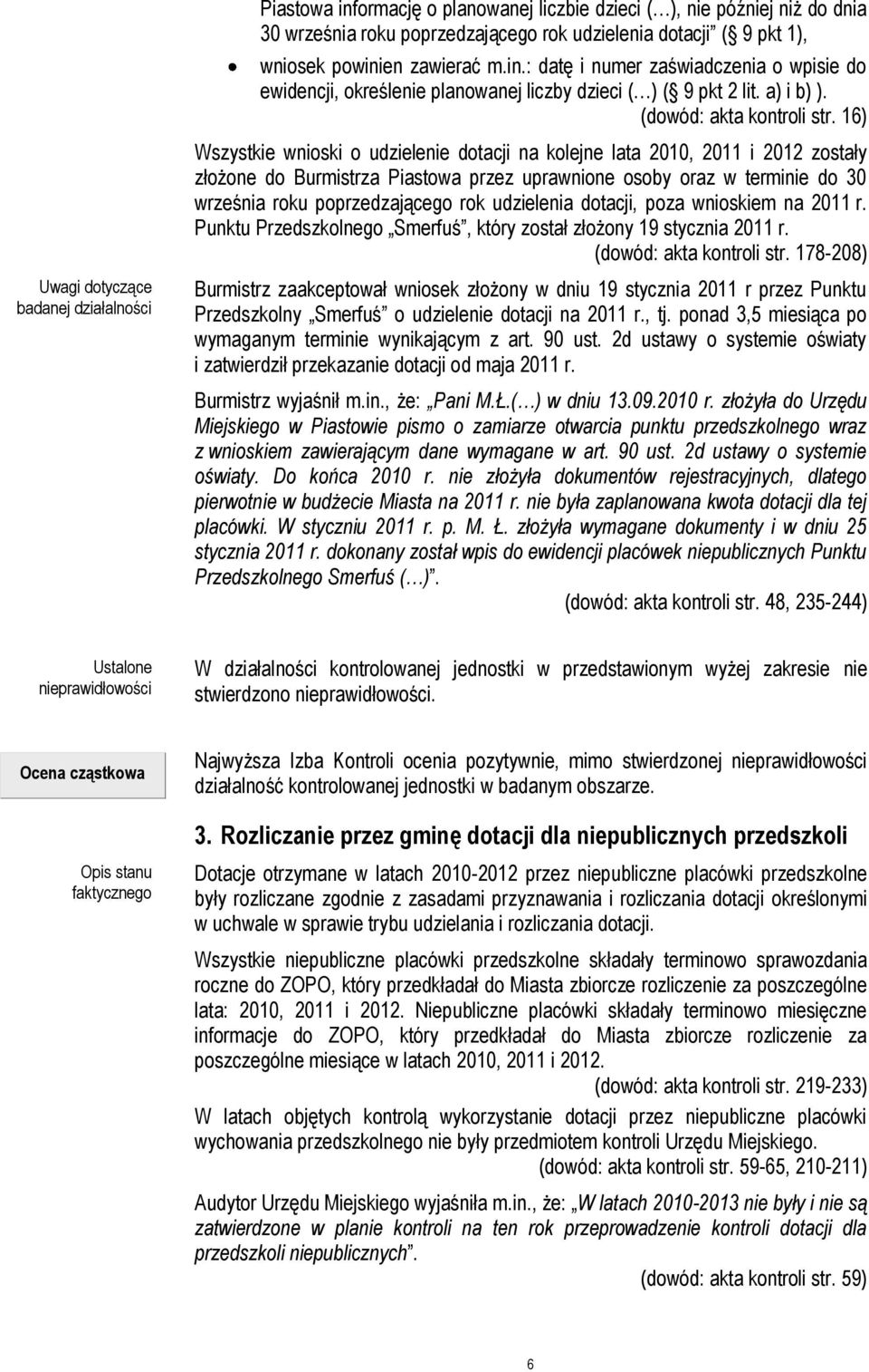 16) Wszystkie wnioski o udzielenie dotacji na kolejne lata 2010, 2011 i 2012 zostały złożone do Burmistrza Piastowa przez uprawnione osoby oraz w terminie do 30 września roku poprzedzającego rok