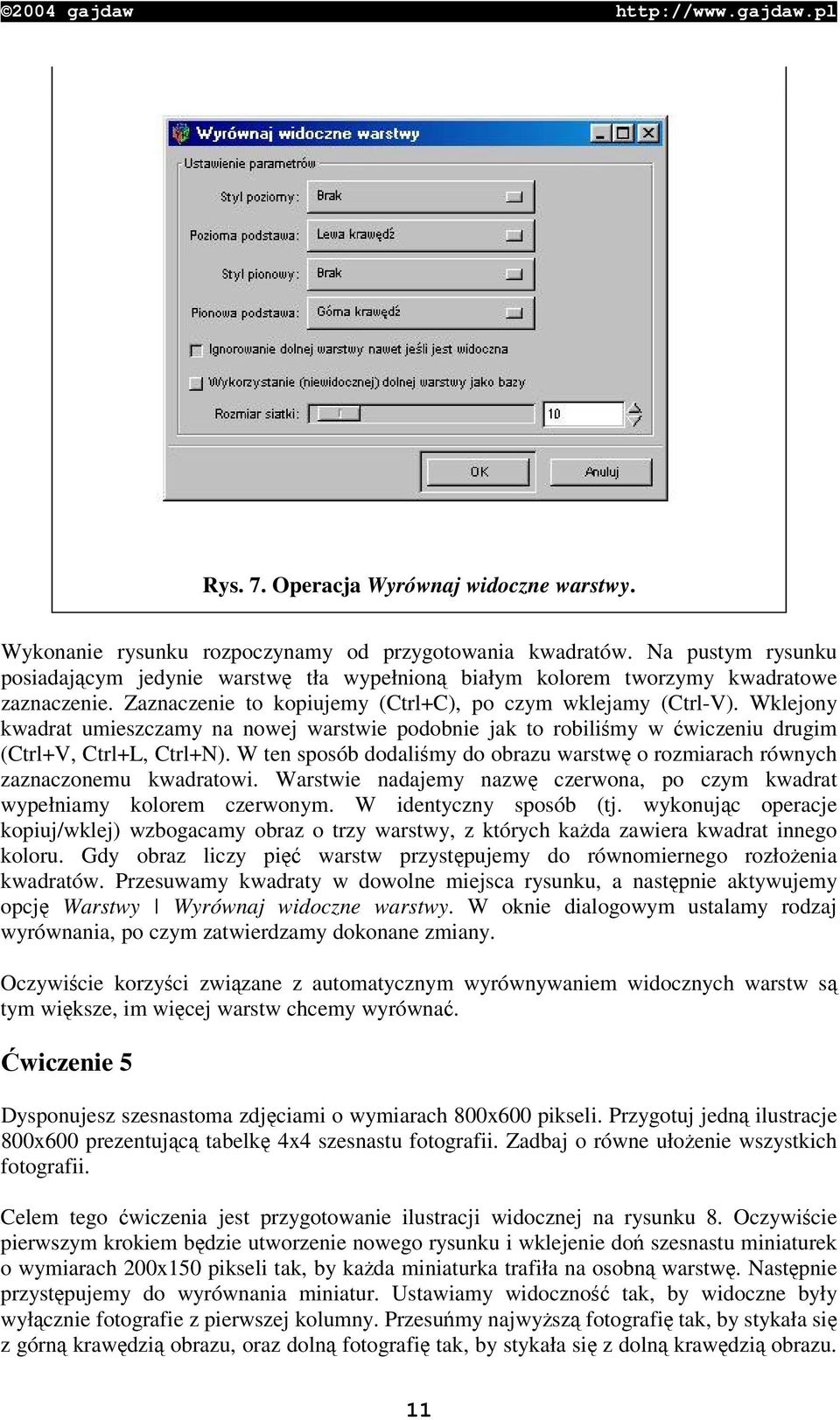 Wklejony kwadrat umieszczamy na nowej warstwie podobnie jak to robilimy w wiczeniu drugim (Ctrl+V, Ctrl+L, Ctrl+N). W ten sposób dodalimy do obrazu warstw o rozmiarach równych zaznaczonemu kwadratowi.