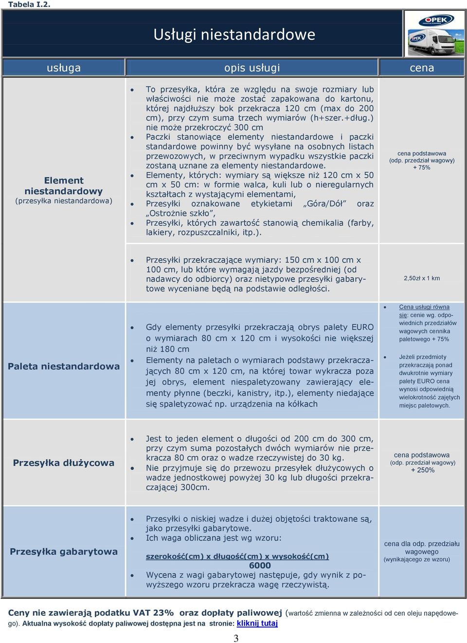 której najdłuższy bok przekracza 120 cm (max do 200 cm), przy czym suma trzech wymiarów (h+szer.+dług.