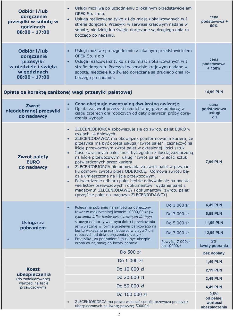 podstawowa + 50% Odbiór i/lub doręczenie przesyłki w niedziele i święta 08:00-17:00 Usługi możliwe po uzgodnieniu z lokalnym przedstawicielem Usługa realizowana tylko z i do miast zlokalizowanych w I