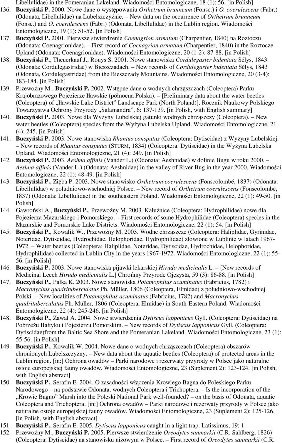 Wiadomości Entomologiczne, 19 (1): 51-52. [in 137. Buczyński P. 2001. Pierwsze stwierdzenie Coenagrion armatum (Charpentier, 1840) na Roztoczu (Odonata: Coenagrionidae).