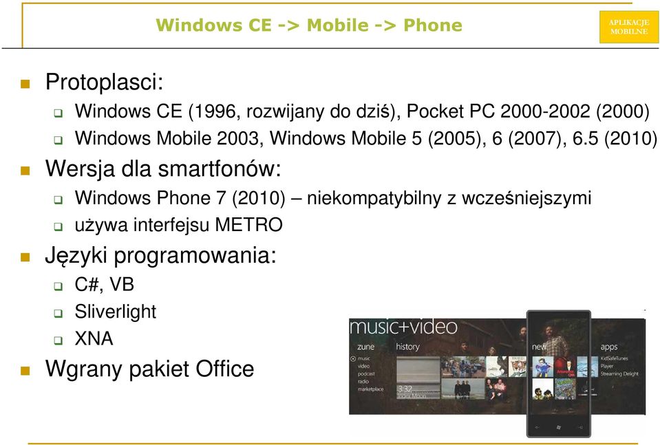 5 (2010) Wersja dla smartfonów: Windows Phone 7 (2010) niekompatybilny z