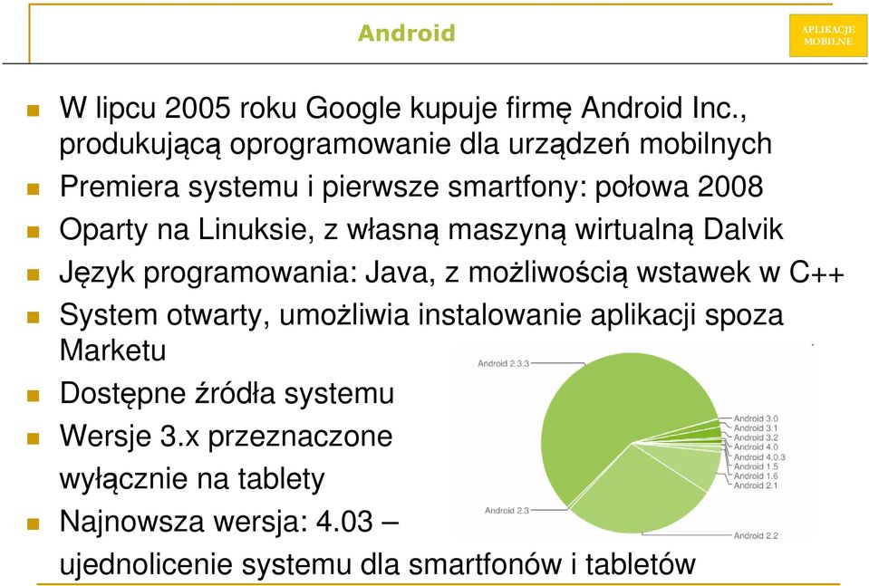 Linuksie, z własną maszyną wirtualną Dalvik Język programowania: Java, z możliwością wstawek w C++ System otwarty,