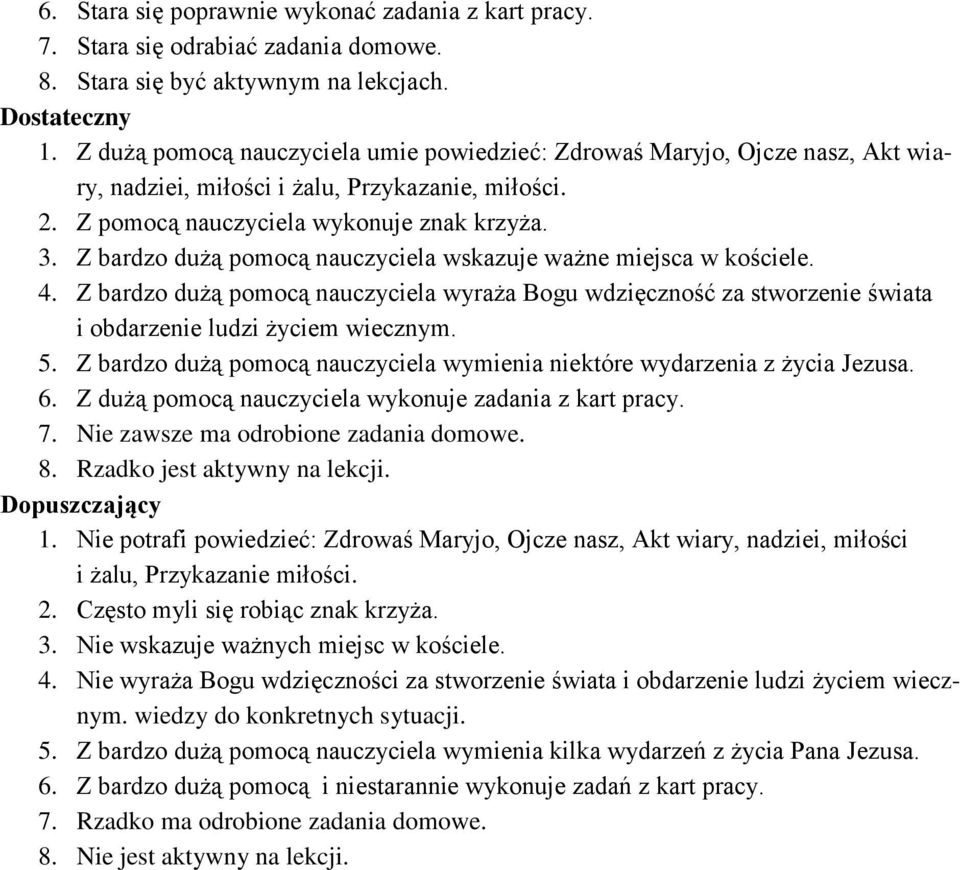 Z bardzo dużą pomocą nauczyciela wskazuje ważne miejsca w kościele. 4. Z bardzo dużą pomocą nauczyciela wyraża Bogu wdzięczność za stworzenie świata i obdarzenie ludzi życiem wiecznym. 5.