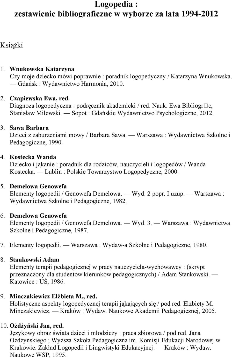 Sopot : Gdańskie Wydawnictwo Psychologiczne, 2012. 3. Sawa Barbara Dzieci z zaburzeniami mowy / Barbara Sawa. Warszawa : Wydawnictwa Szkolne i Pedagogiczne, 1990. 4.
