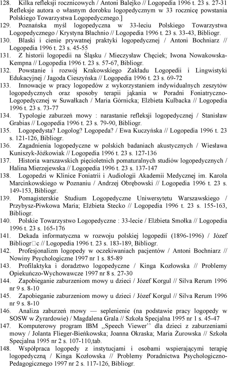 Blaski i cienie prywatnej praktyki logopedycznej / Antoni Bochniarz // Logopedia 1996 t. 23 s. 45-55 131.