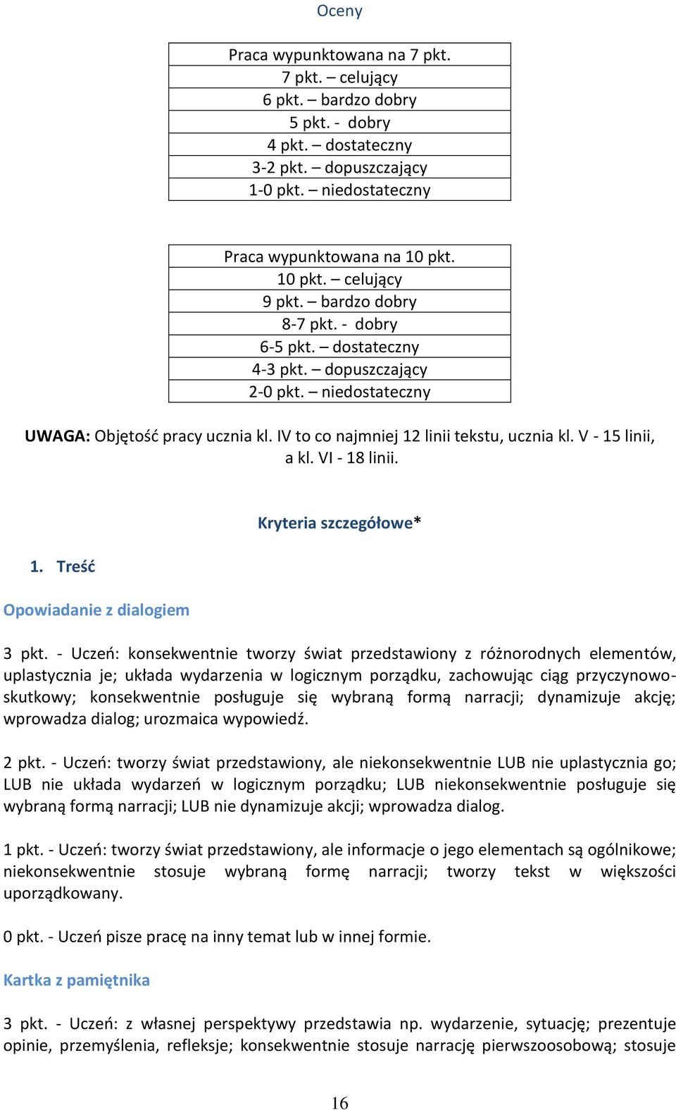 VI - 18 linii. 1. Treść Kryteria szczegółowe* Opowiadanie z dialogiem 3 p3 pkt. 3 pkt.