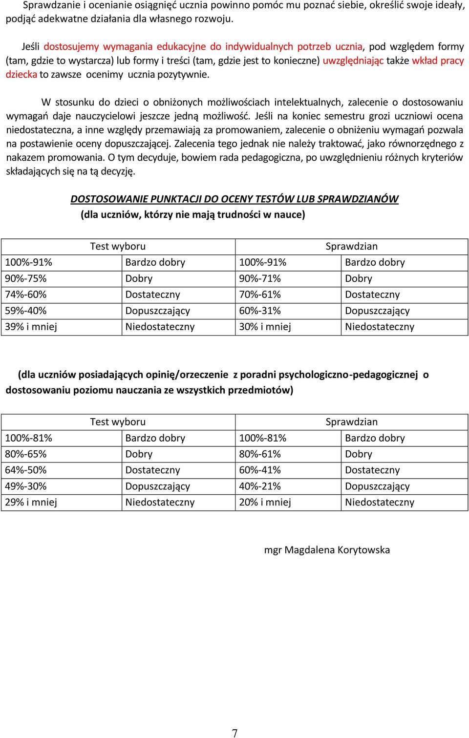 dziecka to zawsze ocenimy ucznia pozytywnie. W stosunku do dzieci o obniżonych możliwościach intelektualnych, zalecenie o dostosowaniu wymagań daje nauczycielowi jeszcze jedną możliwość.