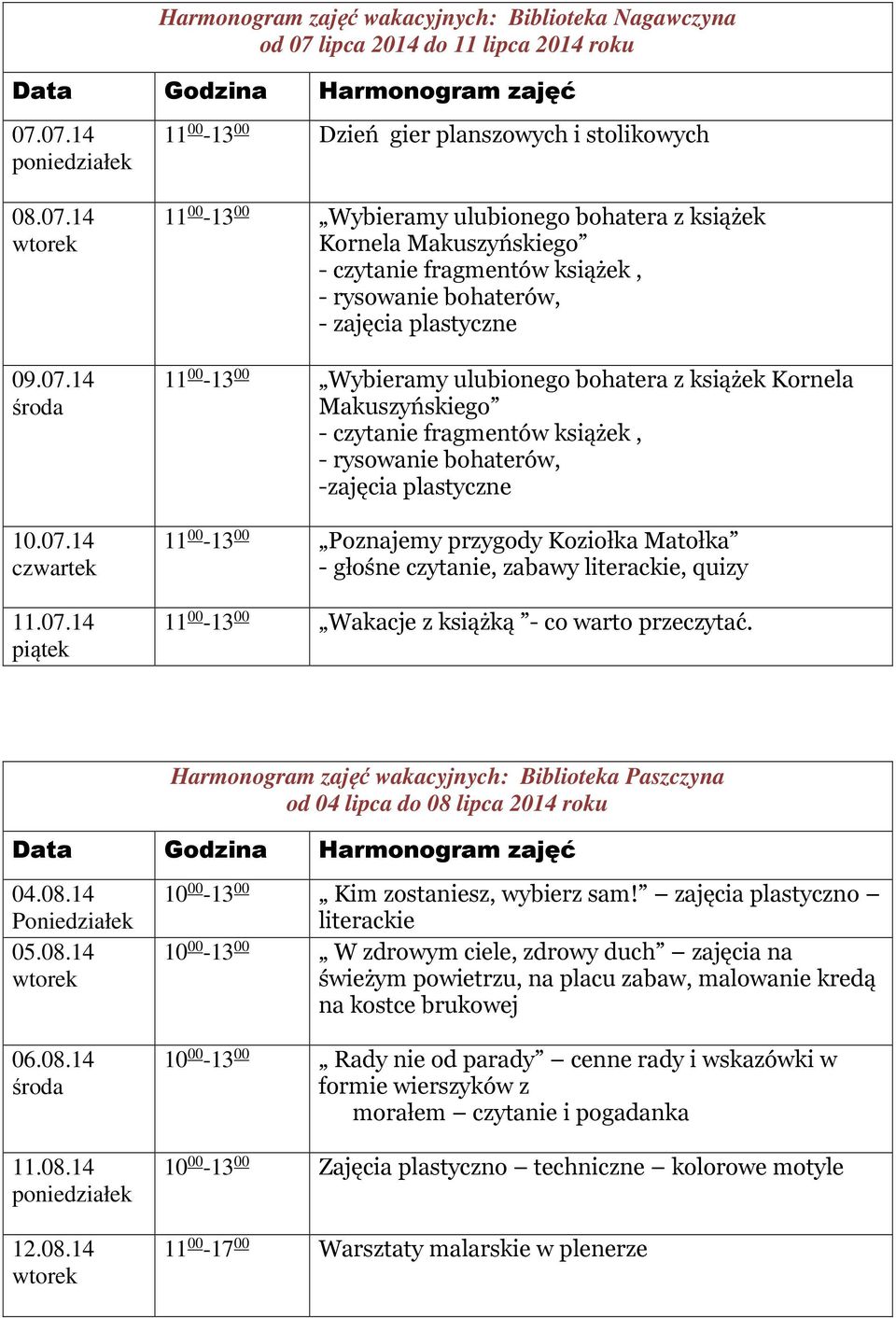 książek, - rysowanie bohaterów, -zajęcia plastyczne 11 00-13 00 Poznajemy przygody Koziołka Matołka - głośne czytanie, zabawy literackie, quizy 11 00-13 00 Wakacje z książką - co warto przeczytać.