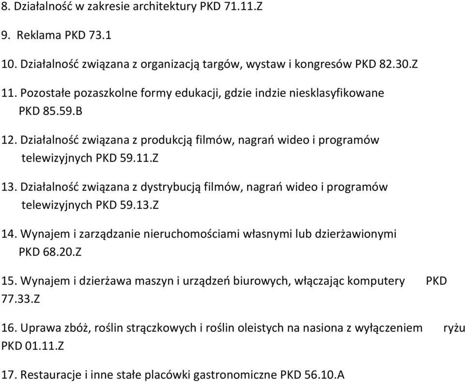 Działalność związana z dystrybucją filmów, nagrań wideo i programów telewizyjnych PKD 59.13.Z 14. Wynajem i zarządzanie nieruchomościami własnymi lub dzierżawionymi PKD 68.20.Z 15.