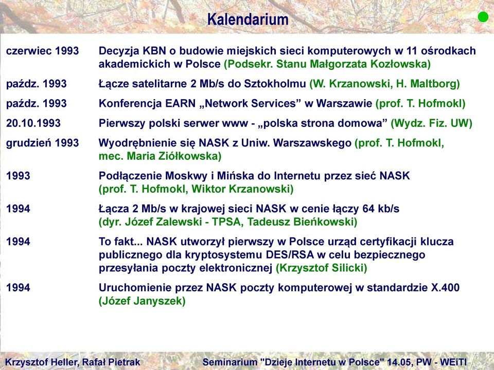 1993 Pierwszy polski serwer www - polska strona domowa (Wydz. Fiz. UW) grudzień 1993 Wyodrębnienie się NASK z Uniw. Warszawskego (prof. T. Hofmokl, mec.