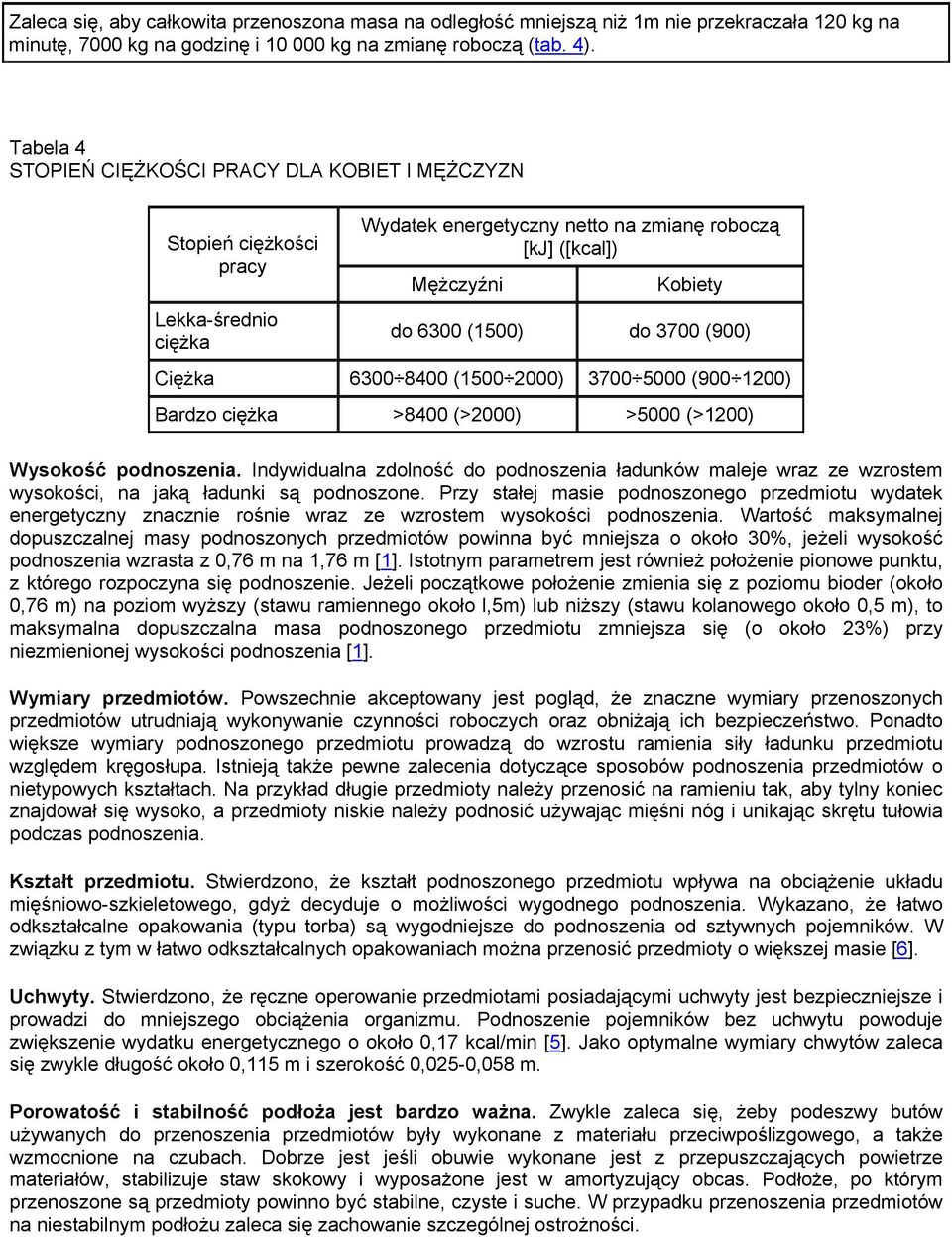 400 (00 00) 3700 5000 (00 10) Bardzo ciężka >400 (>00) >5000 (>10) Wysokość podnoszenia. Indywidualna zdolność do podnoszenia ładunków maleje wraz ze wzrostem wysokości, na jaką ładunki są podnoszone.