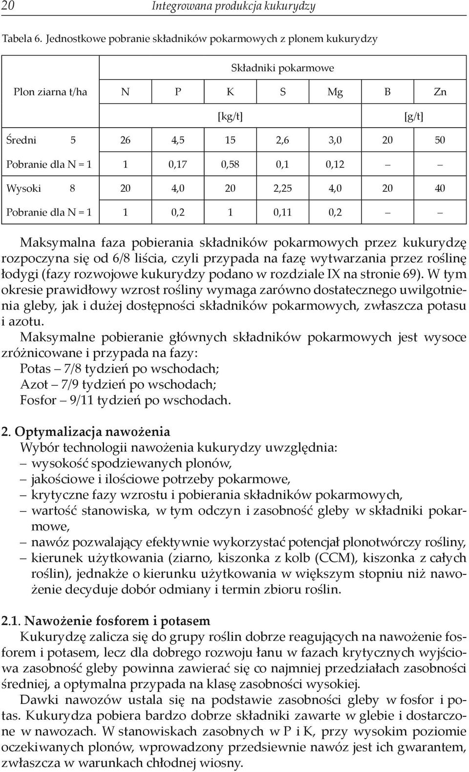 0,12 Wysoki 8 20 4,0 20 2,25 4,0 20 40 Pobranie dla N = 1 1 0,2 1 0,11 0,2 Maksymalna faza pobierania składników pokarmowych przez kukurydzę rozpoczyna się od 6/8 liścia, czyli przypada na fazę