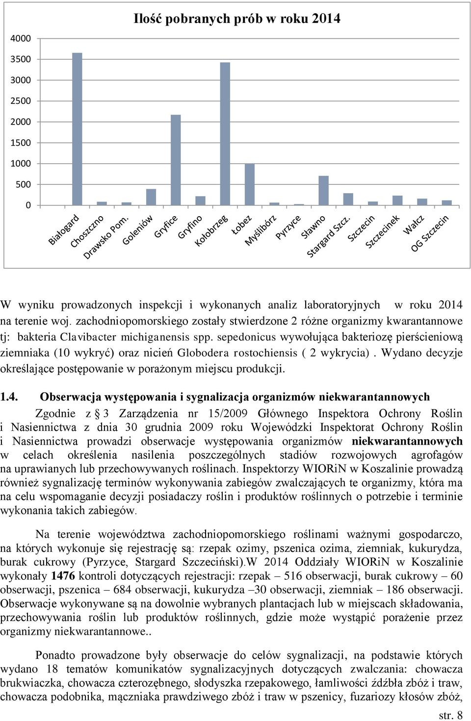 sepedonicus wywołująca bakteriozę pierścieniową ziemniaka (1 wykryć) oraz nicień Globodera rostochiensis ( 2 wykrycia). Wydano decyzje określające postępowanie w porażonym miejscu produkcji. 1.4.