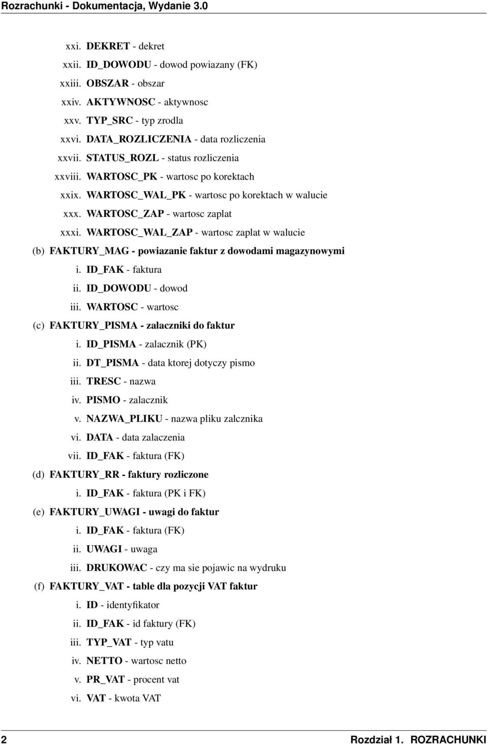 WARTOSC_WAL_ZAP - wartosc zaplat w walucie (b) FAKTURY_MAG - powiazanie faktur z dowodami magazynowymi i. ID_FAK - faktura ii. ID_DOWODU - dowod iii.