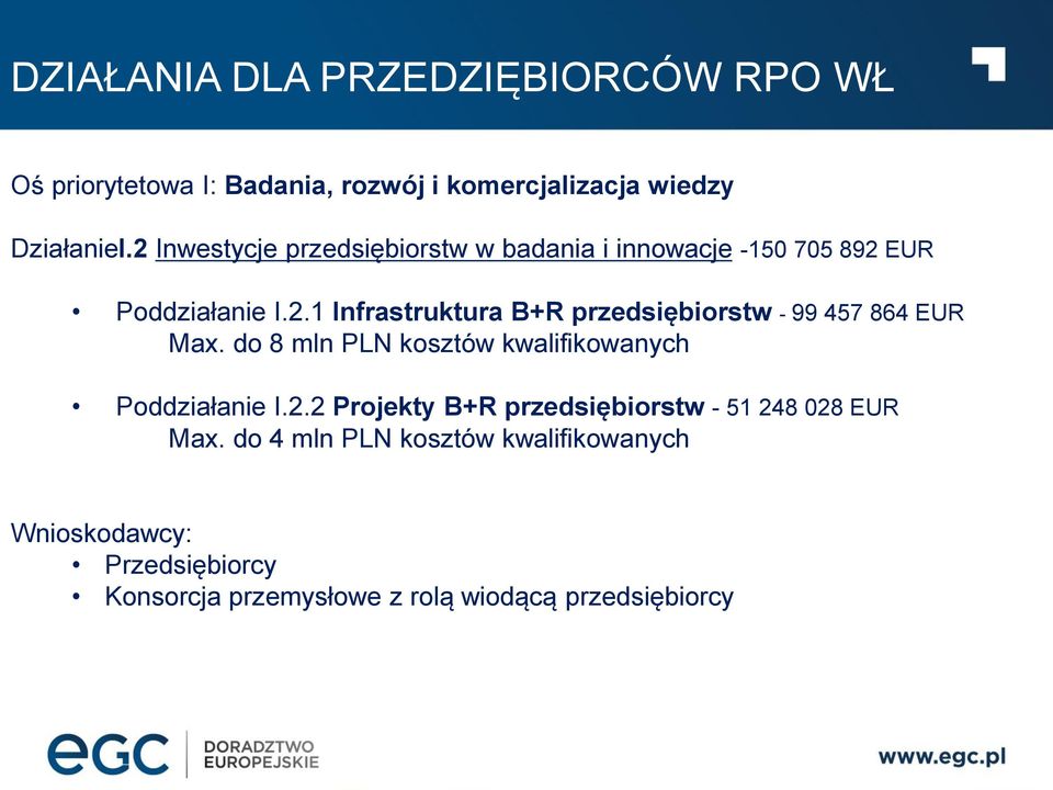 do 8 mln PLN kosztów kwalifikowanych Poddziałanie I.2.2 Projekty B+R przedsiębiorstw - 51 248 028 EUR Max.