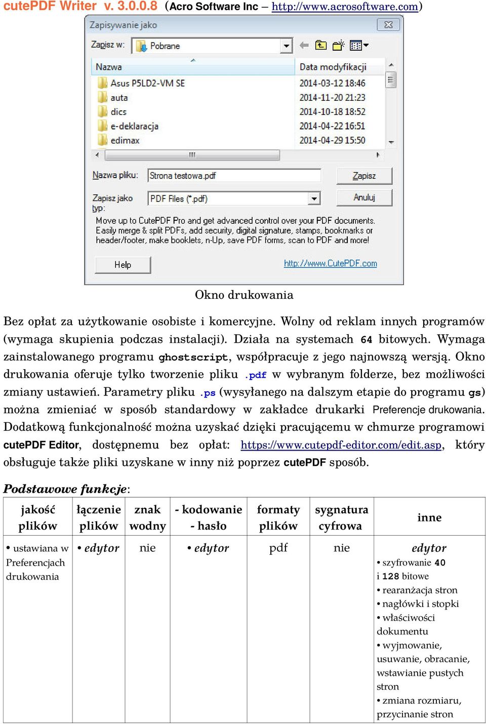 Okno drukowania oferuje tylko tworzenie pliku.pdf w wybranym folderze, bez możliwości zmiany ustawień. Parametry pliku.