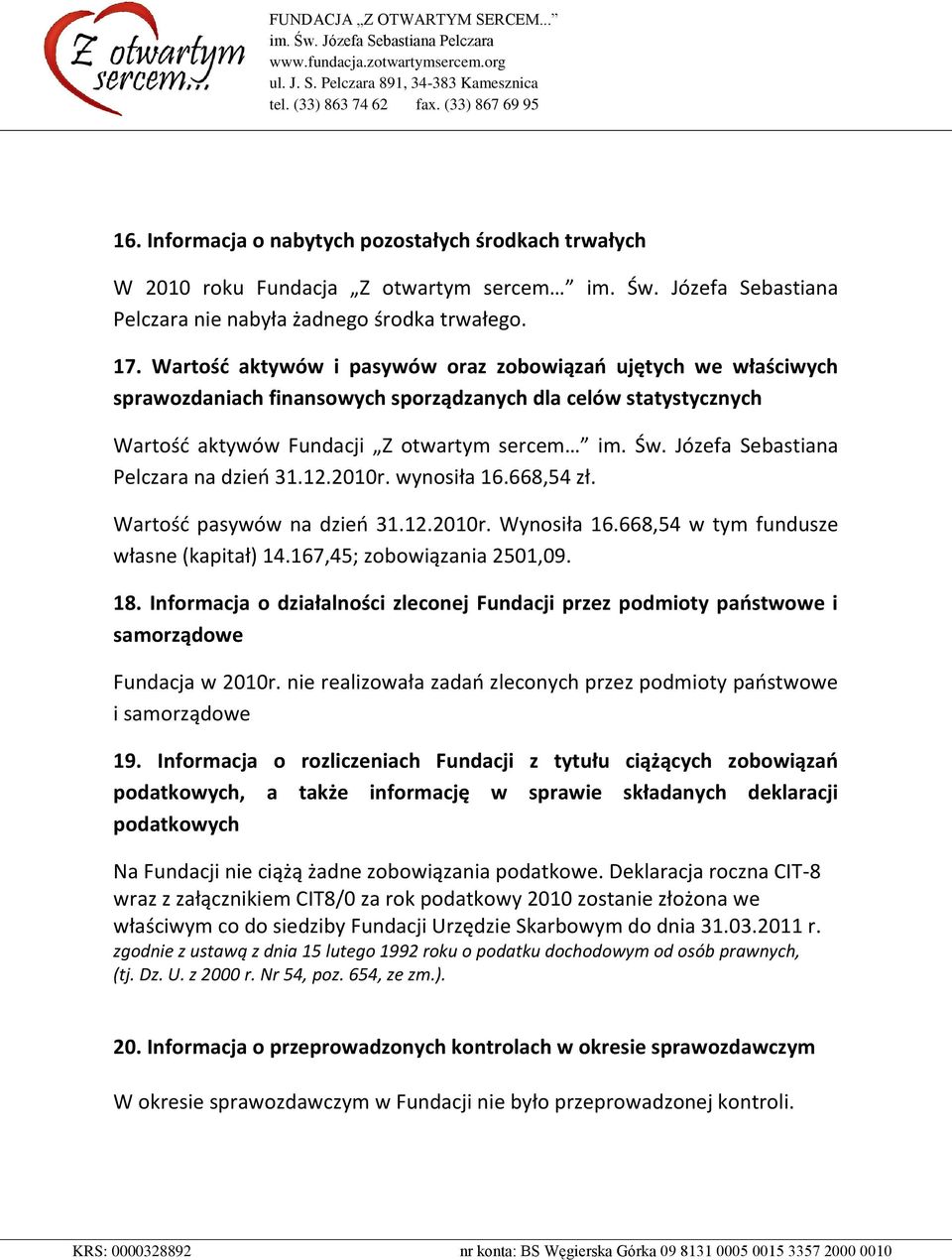 Józefa Sebastiana Pelczara na dzieo 31.12.2010r. wynosiła 16.668,54 zł. Wartośd pasywów na dzieo 31.12.2010r. Wynosiła 16.668,54 w tym fundusze własne (kapitał) 14.167,45; zobowiązania 2501,09. 18.