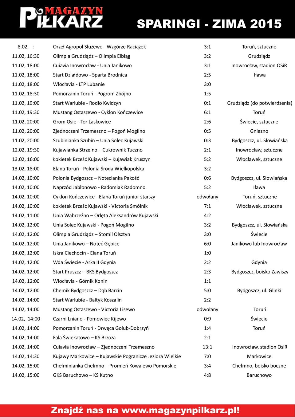 02, 18:30 Pomorzanin Toruo - Pogrom Zbójno 1:5 11.02, 19:00 Start Warlubie - Rodło Kwidzyn 0:1 Grudziądz (do potwierdzenia) 11.02, 19:30 Mustang Ostaszewo - Cyklon Kooczewice 6:1 Toruo 11.