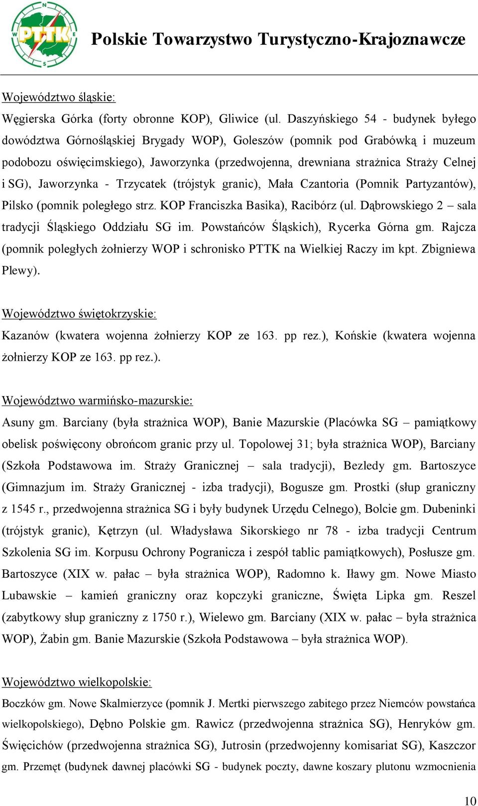 SG), Jaworzynka - Trzycatek (trójstyk granic), Mała Czantoria (Pomnik Partyzantów), Pilsko (pomnik poległego strz. KOP Franciszka Basika), Racibórz (ul.