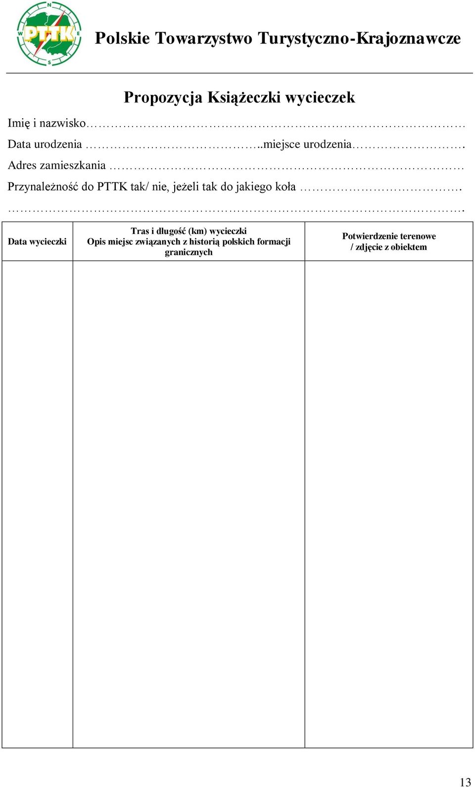Adres zamieszkania Przynależność do PTTK tak/ nie, jeżeli tak do jakiego koła.