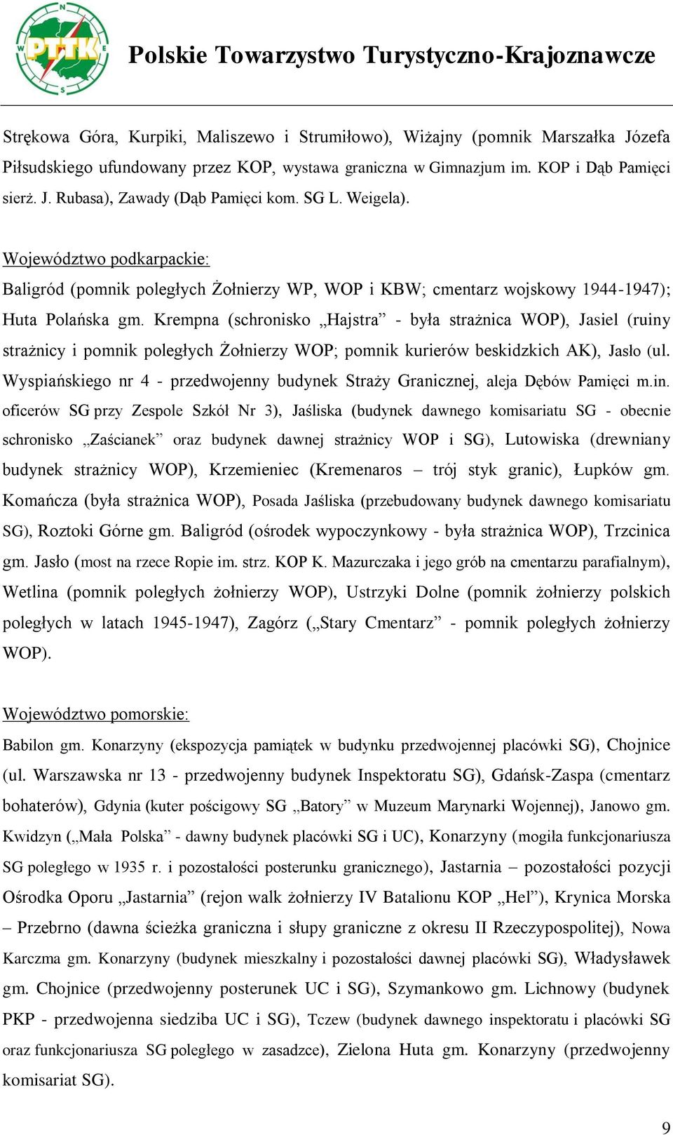 Krempna (schronisko Hajstra - była strażnica WOP), Jasiel (ruiny strażnicy i pomnik poległych Żołnierzy WOP; pomnik kurierów beskidzkich AK), Jasło (ul.