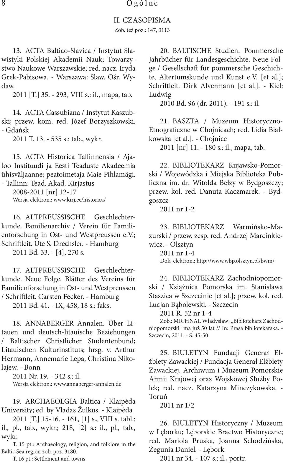 15. ACTA Historica Tallinnensia / Ajaloo Instituudi ja Eesti Teaduste Akadeemia ühisväljaanne; peatoimetaja Maie Pihlamägi. - Tallinn: Tead. Akad. Kirjastus 2008-2011 [nr] 12-17 Wersja elektron.: www.