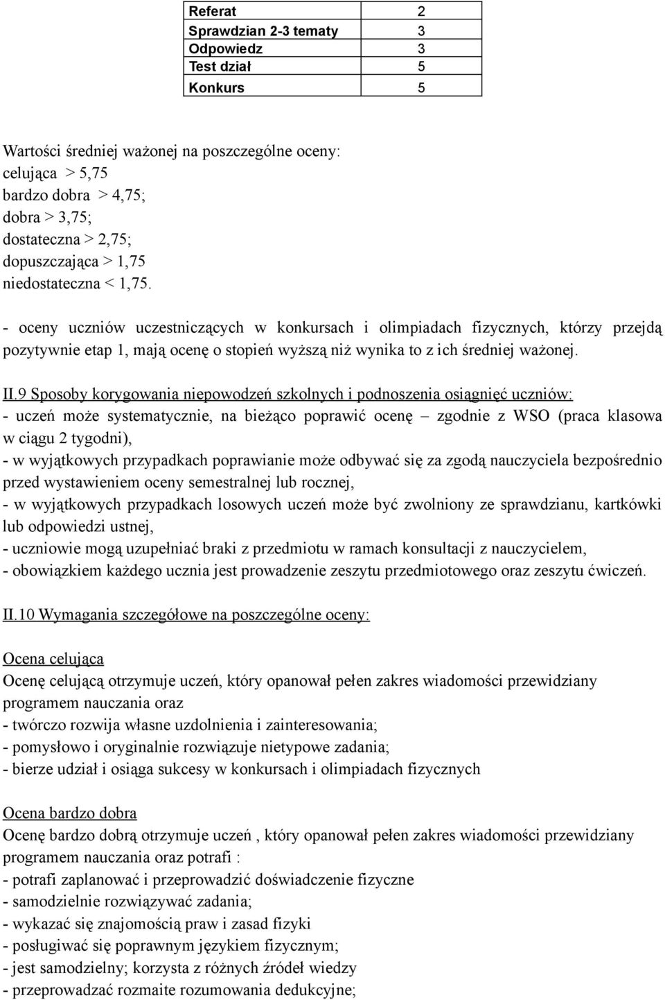 - oceny uczniów uczestniczących w konkursach i olimpiadach fizycznych, którzy przejdą pozytywnie etap 1, mają ocenę o stopień wyższą niż wynika to z ich średniej ważonej. II.