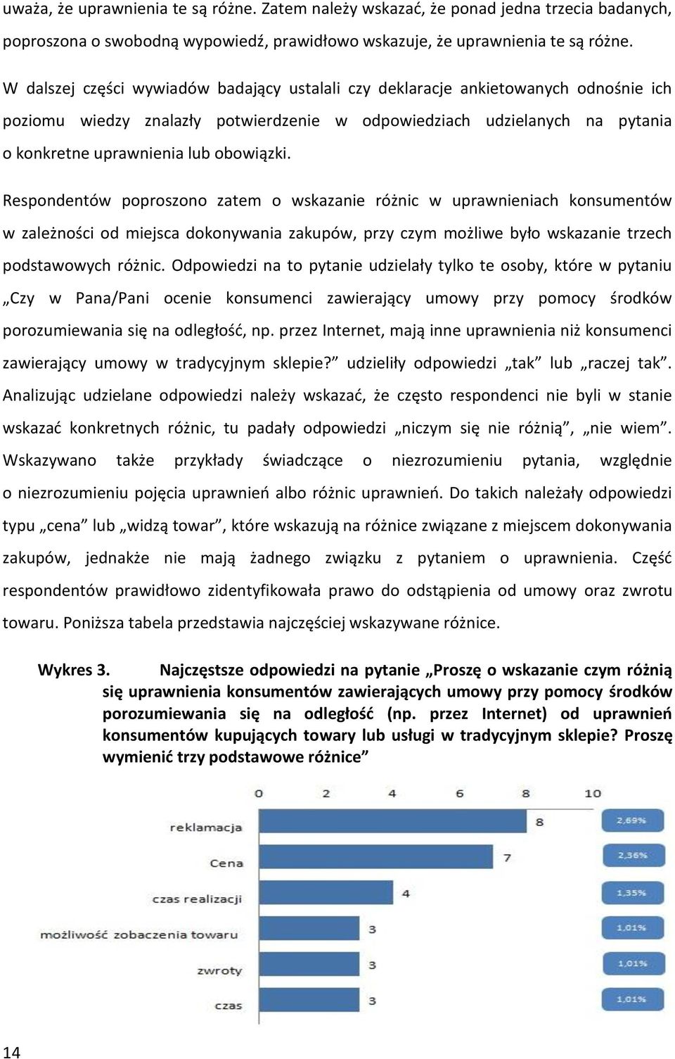 obowiązki. Respondentów poproszono zatem o wskazanie różnic w uprawnieniach konsumentów w zależności od miejsca dokonywania zakupów, przy czym możliwe było wskazanie trzech podstawowych różnic.