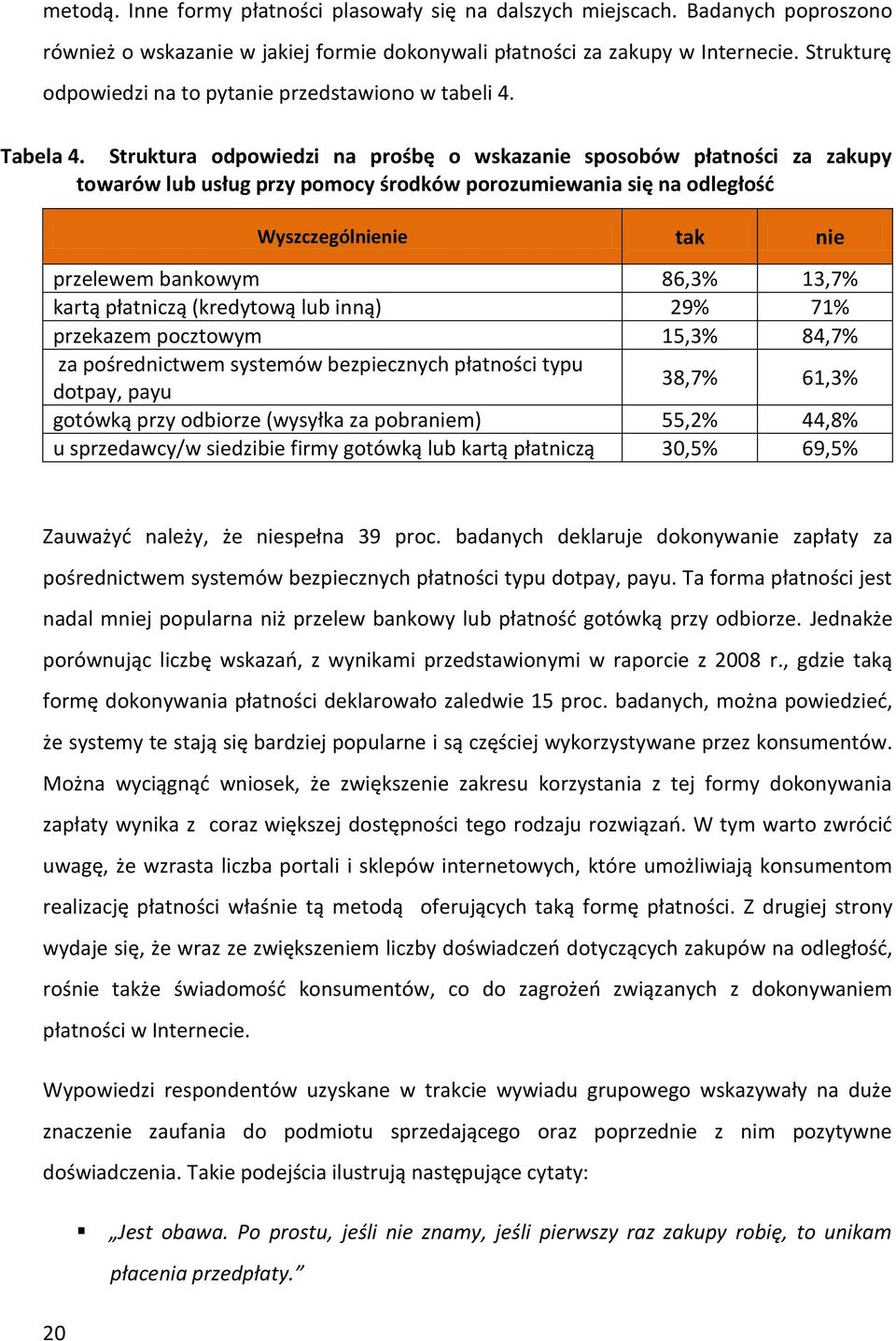 Struktura odpowiedzi na prośbę o wskazanie sposobów płatności za zakupy towarów lub usług przy pomocy środków porozumiewania się na odległość Wyszczególnienie tak nie przelewem bankowym 86,3% 13,7%