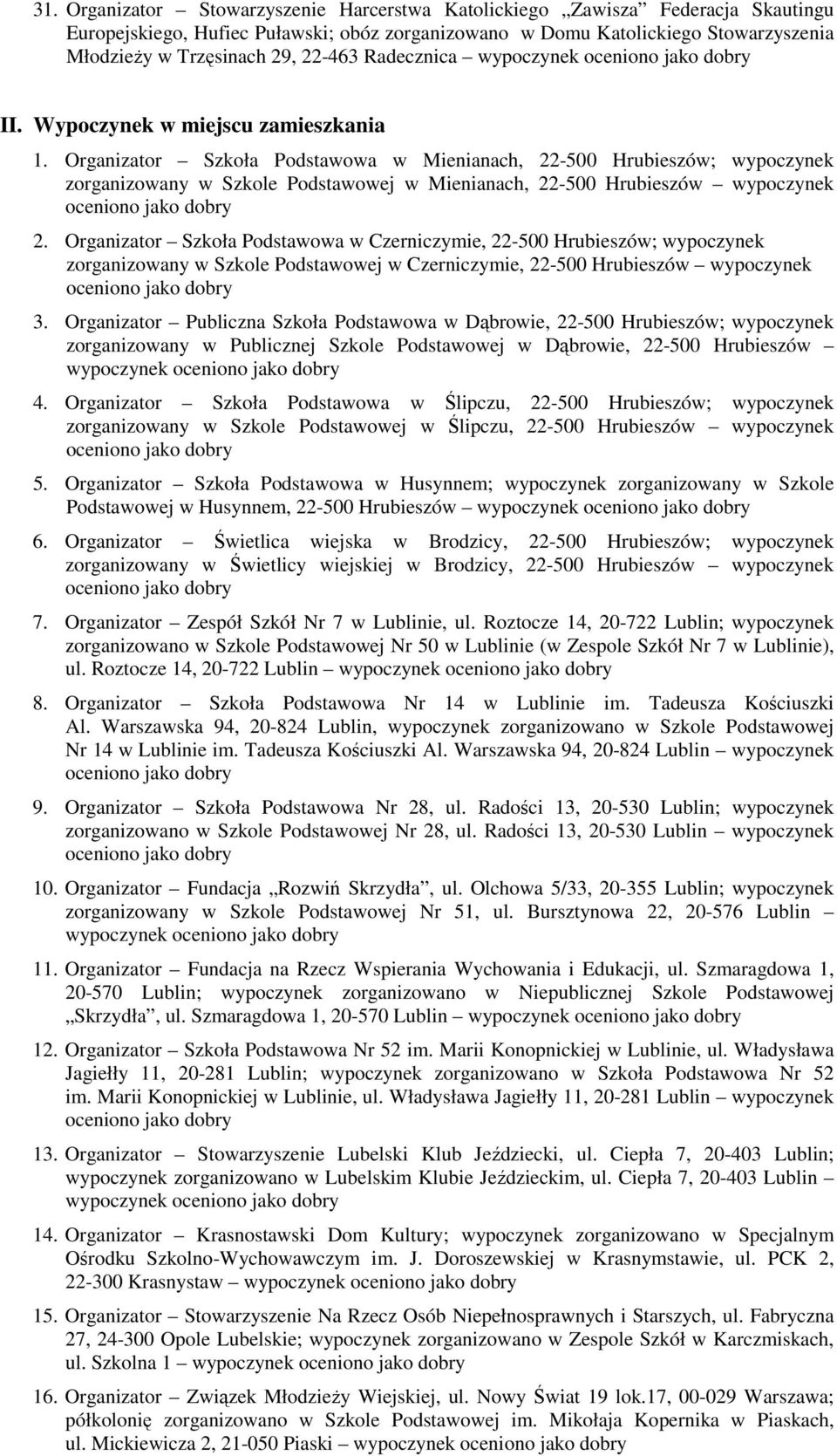 Organizator Szkoła Podstawowa w Mienianach, 22-500 Hrubieszów; wypoczynek zorganizowany w Szkole Podstawowej w Mienianach, 22-500 Hrubieszów wypoczynek 2.