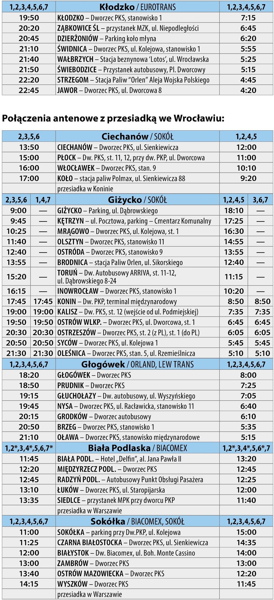 Wrocławska 5:25 21:50 ŚWIEBODZICE Przystanek autobusowy, Pl. Dworcowy 5:15 22:20 STRZEGOM Stacja Paliw Orlen Aleja Wojska Polskiego 4:45 22:45 JAWOR Dworzec PKS, ul.