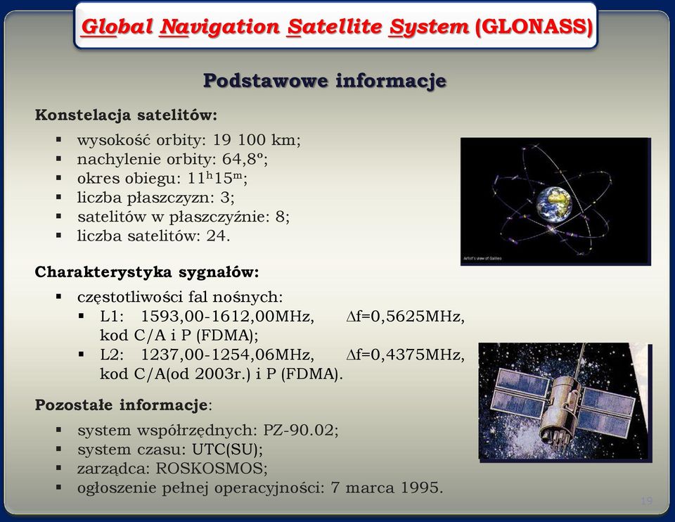 Charakterystyka sygnałów: Podstawowe informacje częstotliwości fal nośnych: L1: 1593,00-1612,00MHz, f=0,5625mhz, kod C/A i P (FDMA); L2: