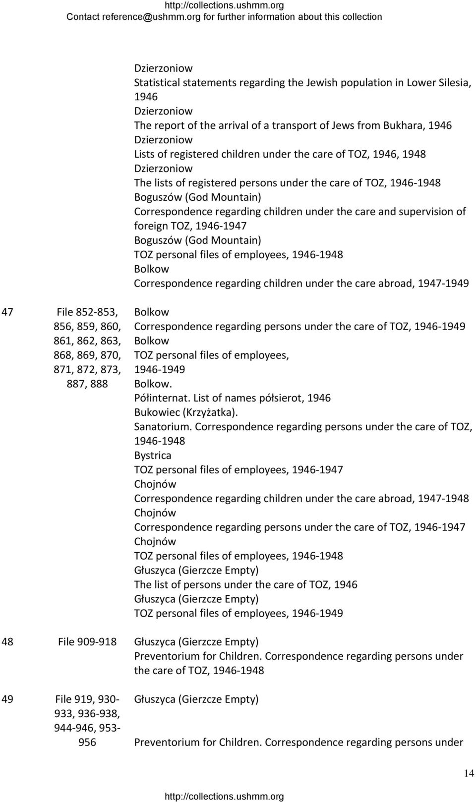 care and supervision of foreign TOZ, 1946 1947 Boguszów (God Mountain) TOZ personal files of employees, 1946 1948 Bolkow Correspondence regarding children under the care abroad, 1947 1949 47 File 852