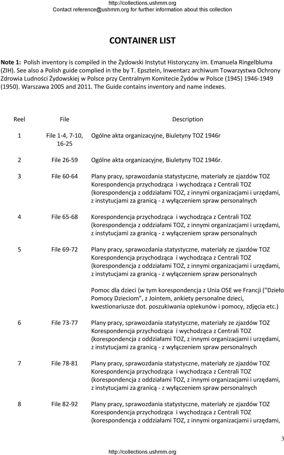 The Guide contains inventory and name indexes. Reel File Description 1 File 1 4, 7 10, 16 25 Ogólne akta organizacyjne, Biuletyny TOZ 1946r 2 File 26 59 Ogólne akta organizacyjne, Biuletyny TOZ 1946r.