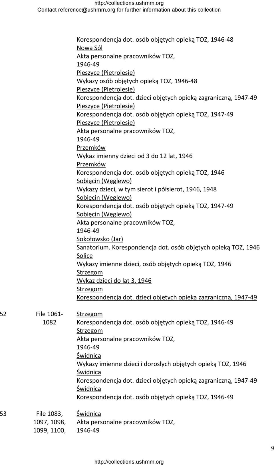 osób objętych opieką TOZ, 1946 Sobięcin (Węglewo) Wykazy dzieci, w tym sierot i półsierot, 1946, 1948 Sobięcin (Węglewo) Korespondencja dot.