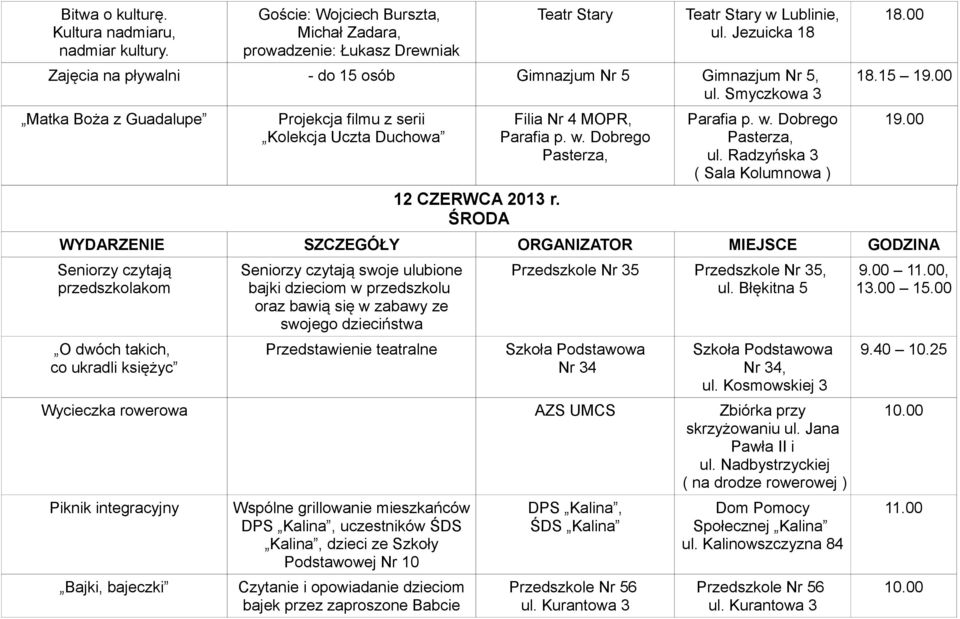 ŚRODA Filia Nr 4 MOPR, Parafia p. w. Dobrego Pasterza, Parafia p. w. Dobrego Pasterza, ul. Radzyńska 3 ( Sala Kolumnowa ) 18.00 18.15 19.