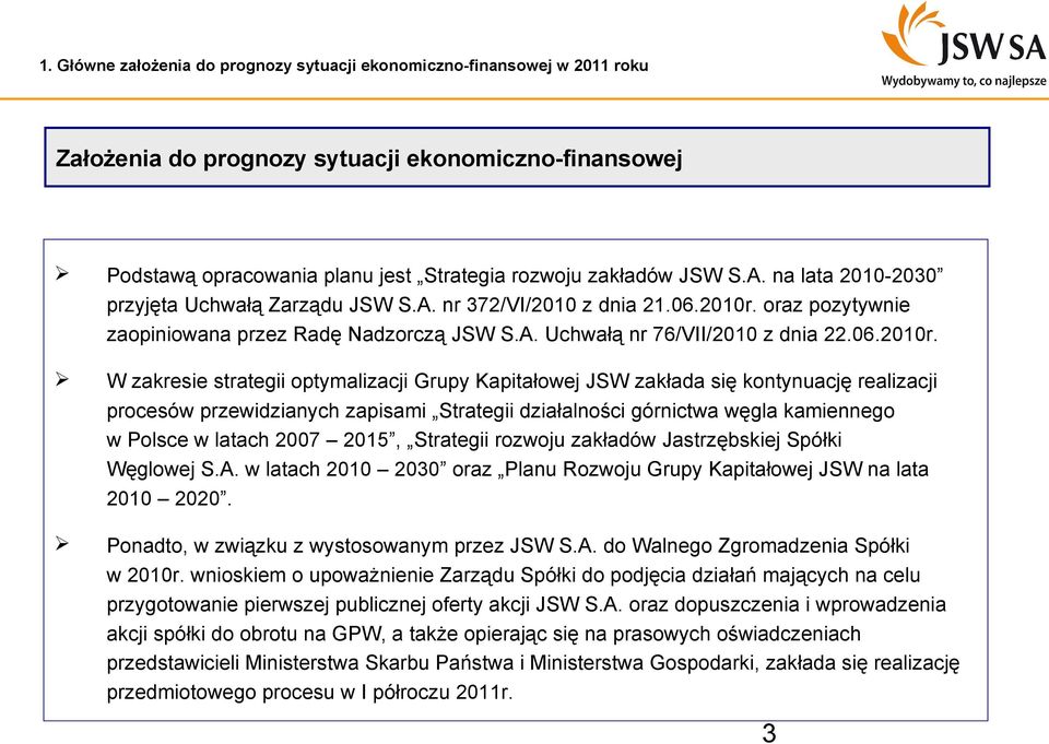 oraz pozytywnie zaopiniowana przez Radę Nadzorczą JSW S.A. Uchwałą nr 76/VII/2010 z dnia 22.06.2010r.