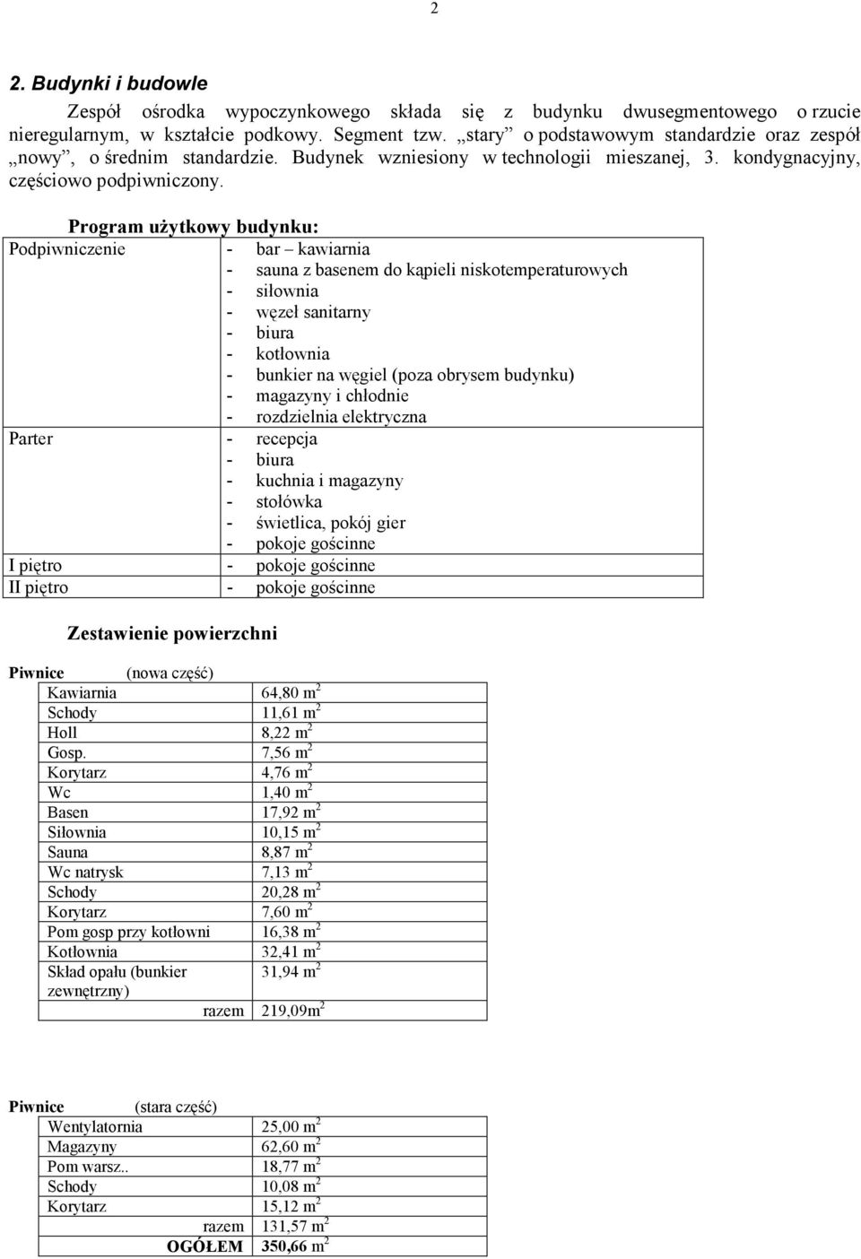 Program użytkowy budynku: Podpiwniczenie - bar kawiarnia - sauna z basenem do kąpieli niskotemperaturowych - siłownia - węzeł sanitarny - biura - kotłownia - bunkier na węgiel (poza obrysem budynku)