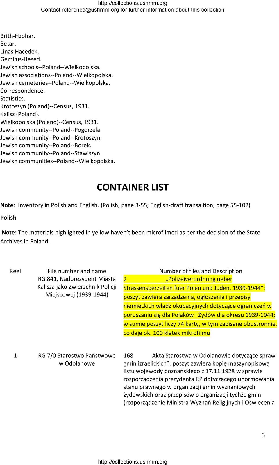 Jewish community Poland Stawiszyn. Jewish communities Poland Wielkopolska. CONTAINER LIST Note: Inventory in Polish and English.